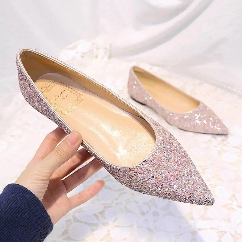 Fashion Women Flats Pointed Toe Brand Ladies Bling Shoes Flat Elegant Pink Gold Silver Plus Size 42