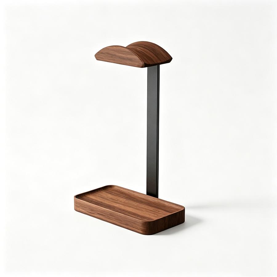 Solid Wood Headphones Stand Black Walnut+Aluminum Alloy Gaming Headset Holder Desktop Bracket Display Shelf with Storage Base