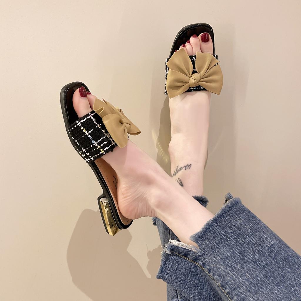High Heels Women's New Square Head Temperament Bow Low Heel One-word Drag Small Fragrant Style Outer Slippers In Summer 2025