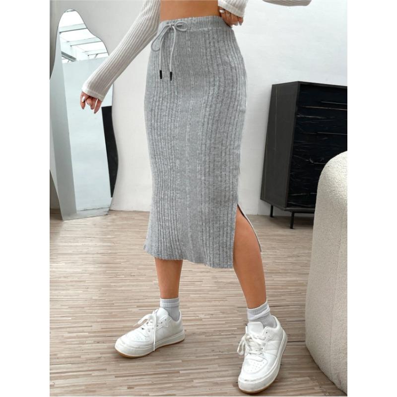 Осенне-зимняя повседневная шерстяная юбка с высокой талией и разрезом на завязках, женская