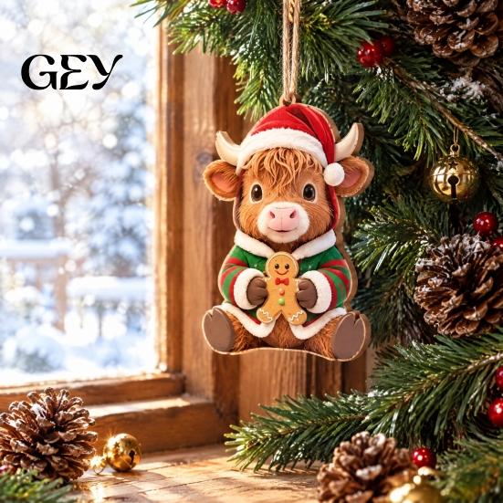 Wooden Hanging Decor for Christmas Tree Highland Cow Ornament, 2D Cute Shape Ornaments with String, Farmhouse Animal Holiday Party Decoration