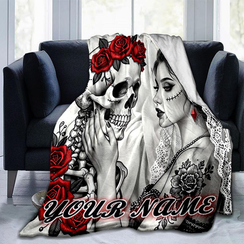 1PC Custom Name Day Dead Romance flannel blanket versatile,all-season throw suitable for the living room,bedroom,camping,travel,and gift