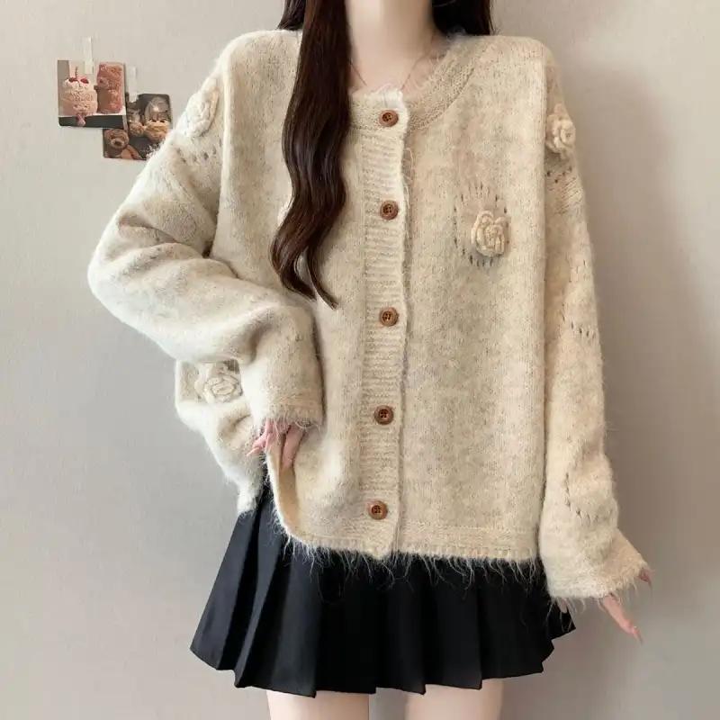 Свитера Пальто Кардиган для Женщин Осень Зима Большой Размер Однотонный Свободный Длинный Рукав Вязаные Свитера Пальто