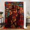 Bold, colorful depiction of Indiana Jones elements in abstract strokes. for all seasons blanket lunch break throw gift