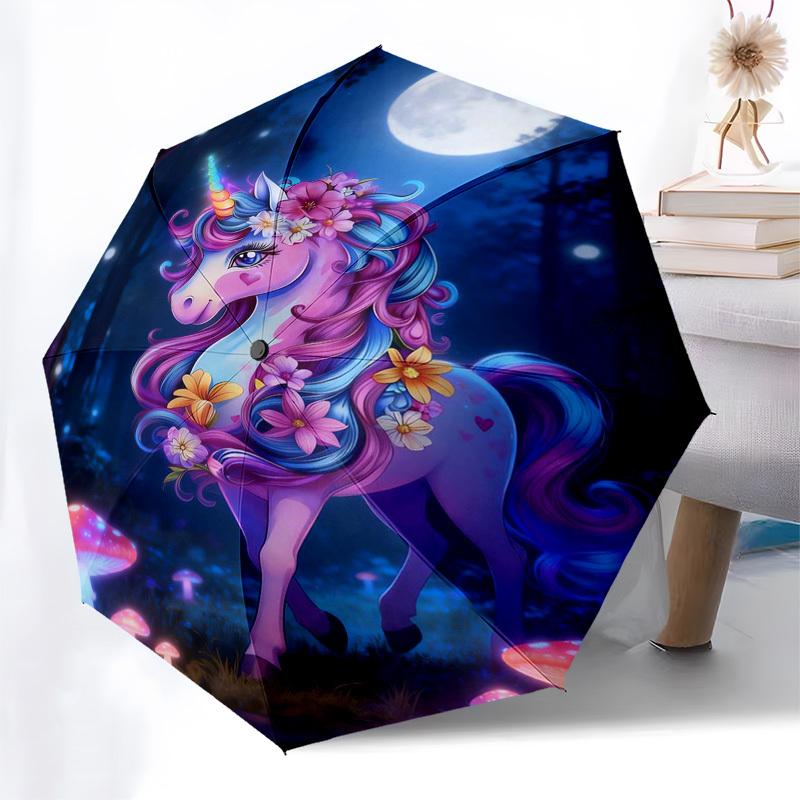 1pc Unicorn Fantasy Forest Moonlight Umbrella with Plastic Handle,Suitable for All Seasons Home Travel Outdoor Umbrellaptys31096
