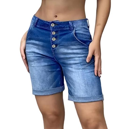 Женские джинсовые шорты с высокой талией и подвернутыми манжетами, утягивающие джинсовые шорты-бермуды с карманами