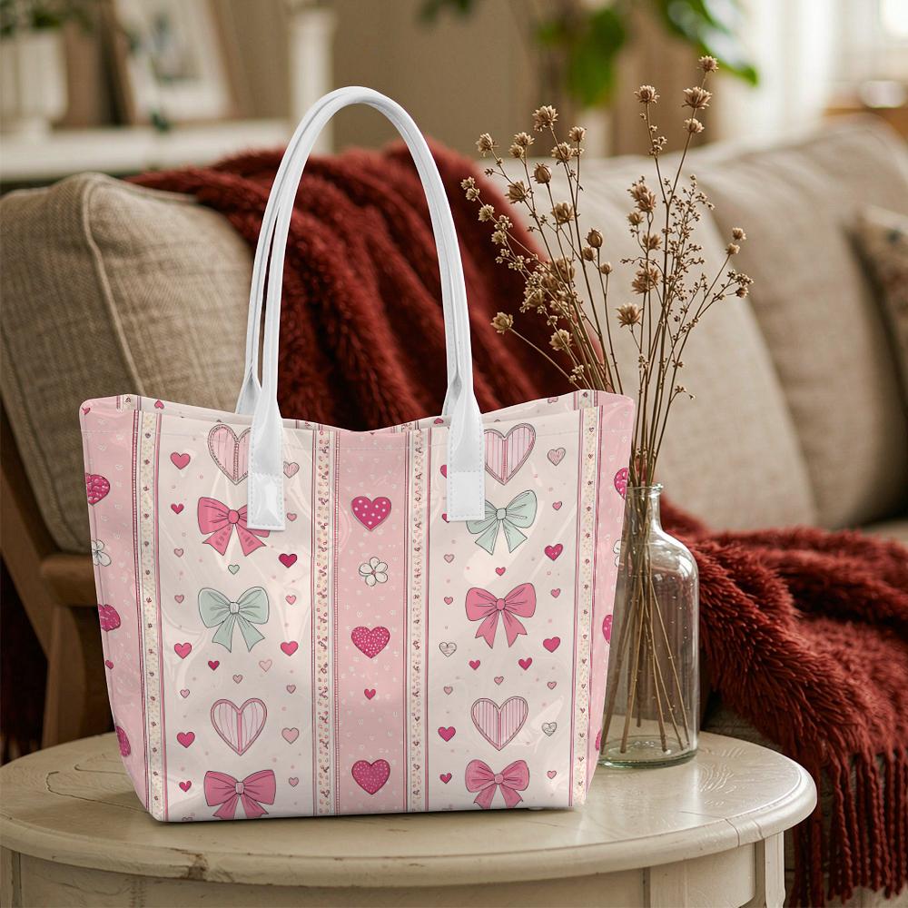 Sweet Heart Bow Print Tote Bag Casual Stylish Large Capacity Daily Shoulder Handbag for Ladies