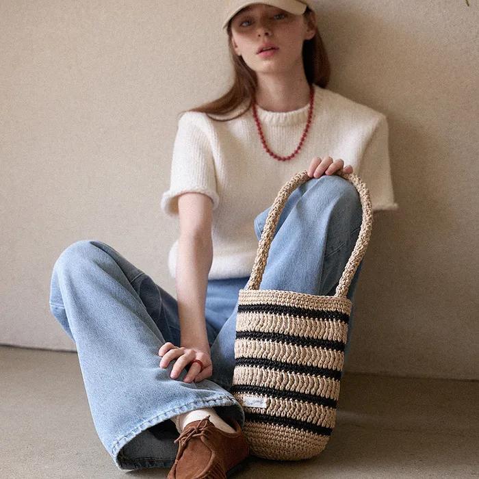 Moroccan Handmade Crochet Stripe Bucket Bag _ Beige