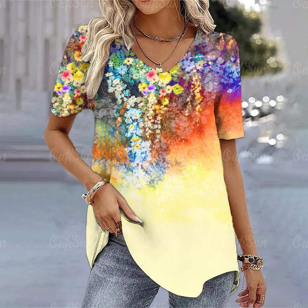 Винтажная футболка с 3D-цветочным принтом для женщин, женская одежда, свободная блузка с V-образным вырезом, повседневные шорты Harajuku для женщин, топы с рукавами