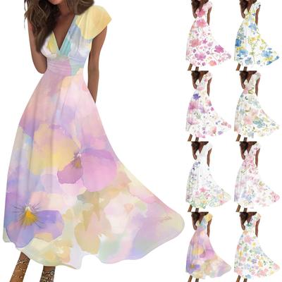Женское длинное повседневное платье. Летнее платье с короткими рукавами и v-образным вырезом на талии с принтом.