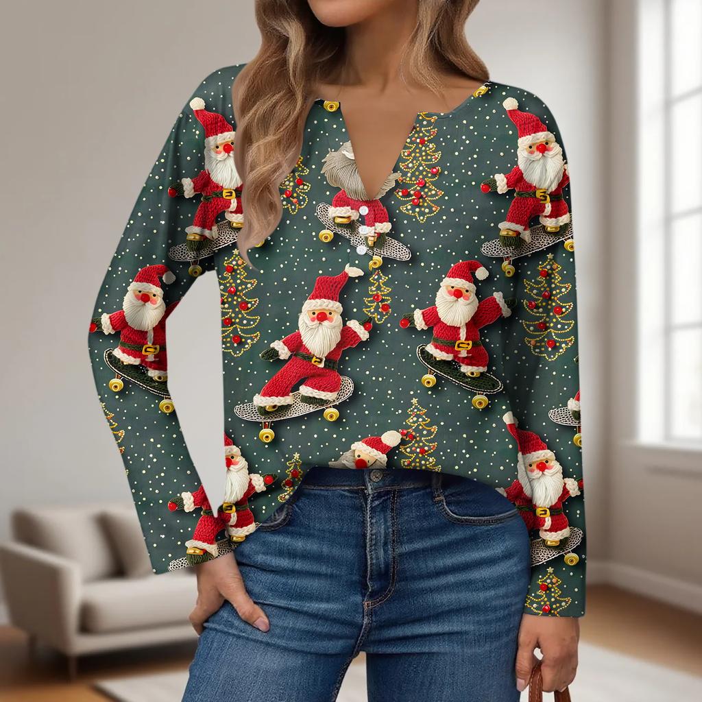 Женская модная повседневная футболка с V-образным вырезом, на пуговицах, с длинным рукавом, с рождественским принтом