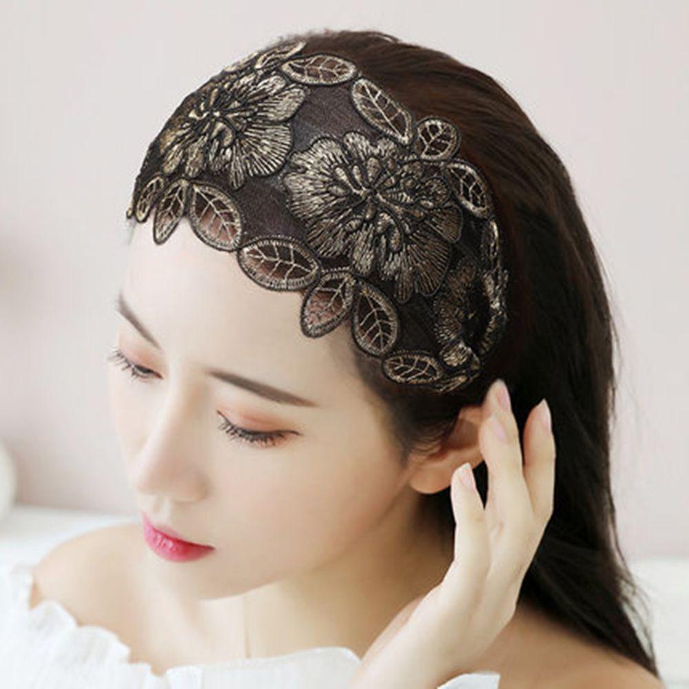 Vintage Lace Floral Printed Head Hoop Korean Broadside Hair Bands Embroidery Flower Headband Toothed Non-slip Headband