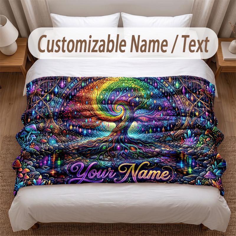 Tree of Life Theme Soft Blanket Personalized Custom Name Text Print Warm Blanket Home Sofa Bedroom Decor