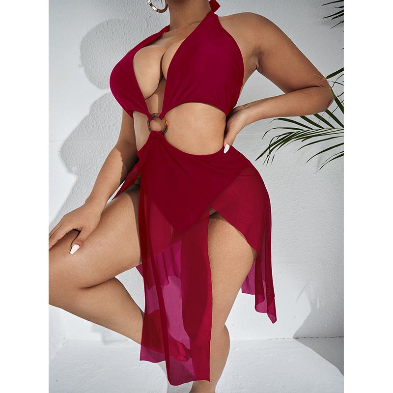 Плюс размер Кольцо Связанное Контрастная сетка Цельный купальник Сексуальное бикини Монокини