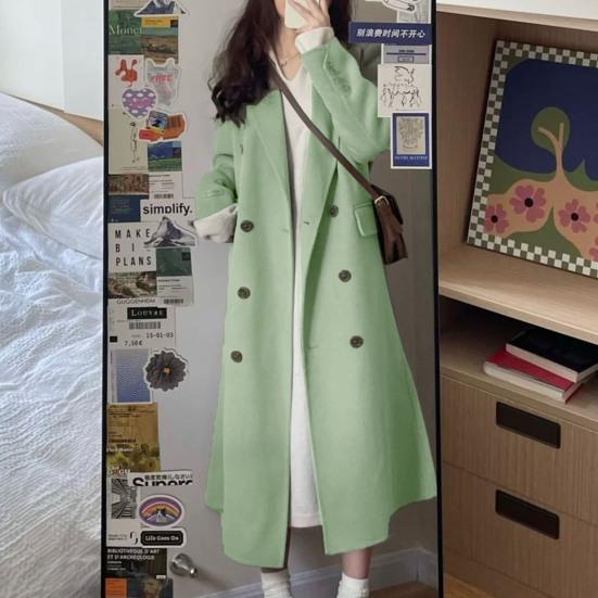 Женское осенне-зимнее длинное шерстяное пальто с лацканами и длинными рукавами, двубортная верхняя одежда с карманами, однотонное теплое женское пальто