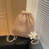 Fashion Solid Color Floral Decor Crochet Shoulder Bag Woven Women Beach Holiday Bucket Hollow Out Large Capacity  Backpack