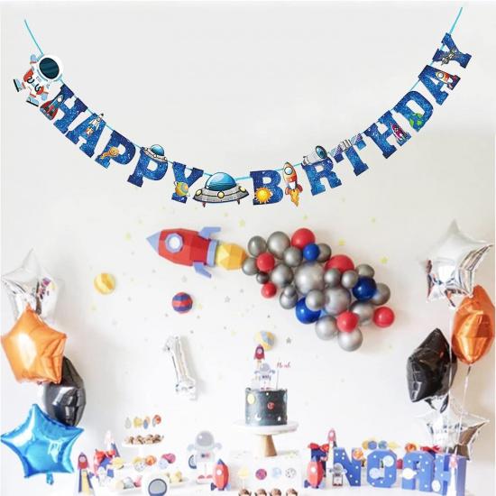 Astronaut Space Ship Happy Birthday Banner,Outer Space Happy Birthday Bunting Boys Birthday Party Banner Decoration Blue