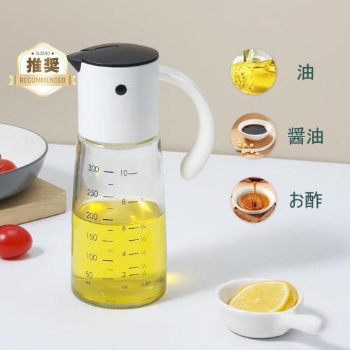 VKCHEF Drip-Free Glass Oil Bottle and Soy Sauce Dispenser, One-Handed, for Condiments, Dressings, Soy Sauce, Vinegar, and Oil, 300ml Capacity, White,