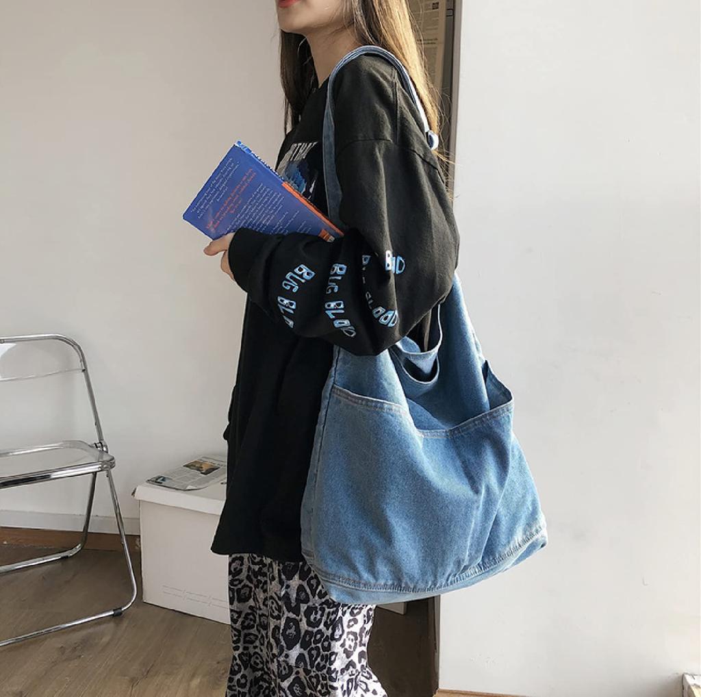 FARFADET Adjustable Denim Shoulder Tote Diaper Large Fits A4 and Popular Crossbody A4 Korean Eco Blue Bag, Bag, Bag, Capacity, Lightweight, Files,