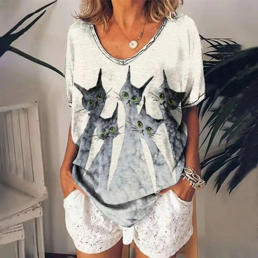 Женская футболка с художественным красочным узором, женская футболка с животным принтом и котом, дышащая, с короткими рукавами, летняя, большого размера, с v-образным вырезом