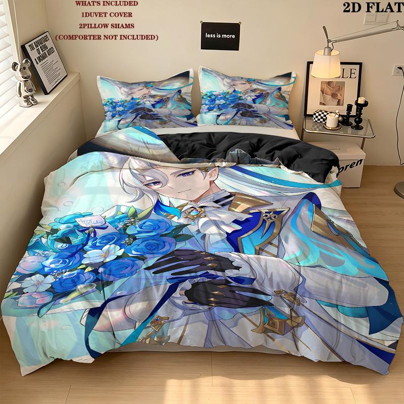 Genshin Pattern Bedding Quilt Set Quilt Cover Pillowcase Home Birthday Gift(1 * duvet cover + 2 * pillowcase, without core)