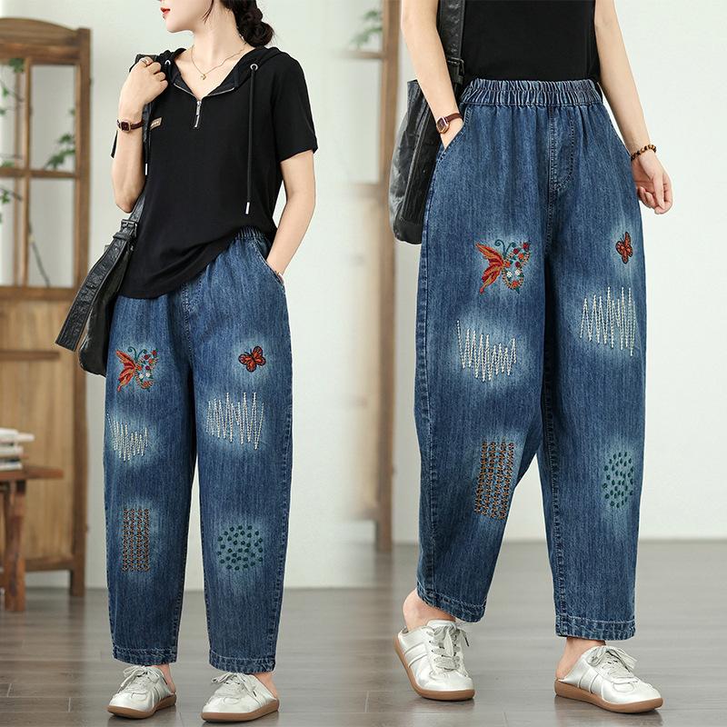 Fashion Embroidery High Waist Harem Pants Women Vintage Streetwear Denim Pants Female Casual Pocket Woman Jeans Pants 2025