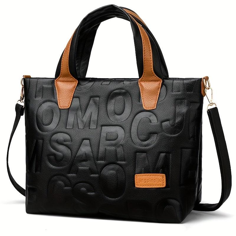 Stylish Letter Embossed Handbag, Color Contrast Crossbody Bag, Women's Top Handle Tote Bag Shoulder Purse