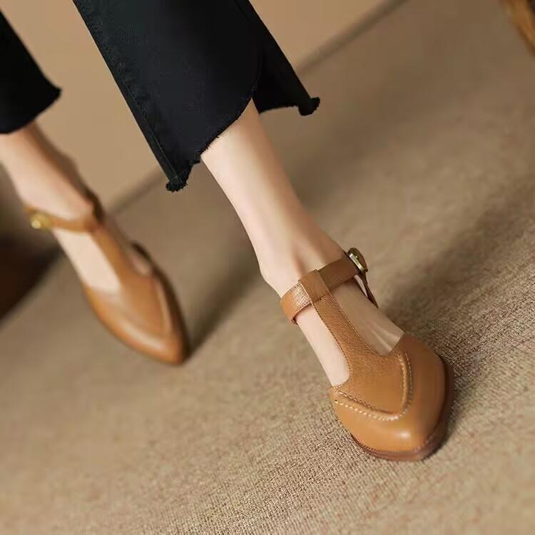 Retro Bag Head Sandals Women's 2025 Spring and Summer New Pointed T-shaped Shoes Thick Heel Soft Leather Hollow Simple Single Shoes
