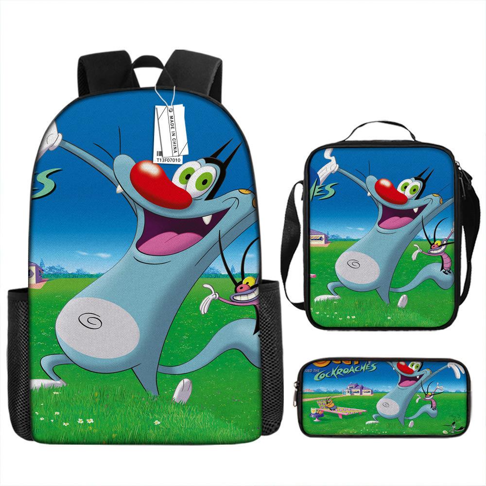 Fat Cat vs Three Little Strong Cartoon Backpack Set Large Capacity School Bag for Students Lightweight Durable