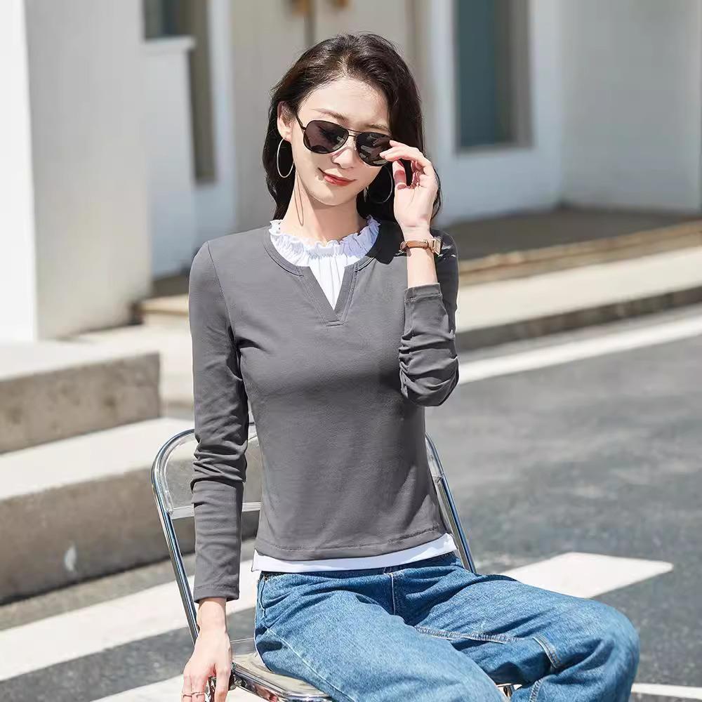 Женские топы на весну и лето, кружевной воротник, имитация двух частей, супер милая облегающая хлопковая футболка с высокой талией, имитация двух частей, длинный рукав