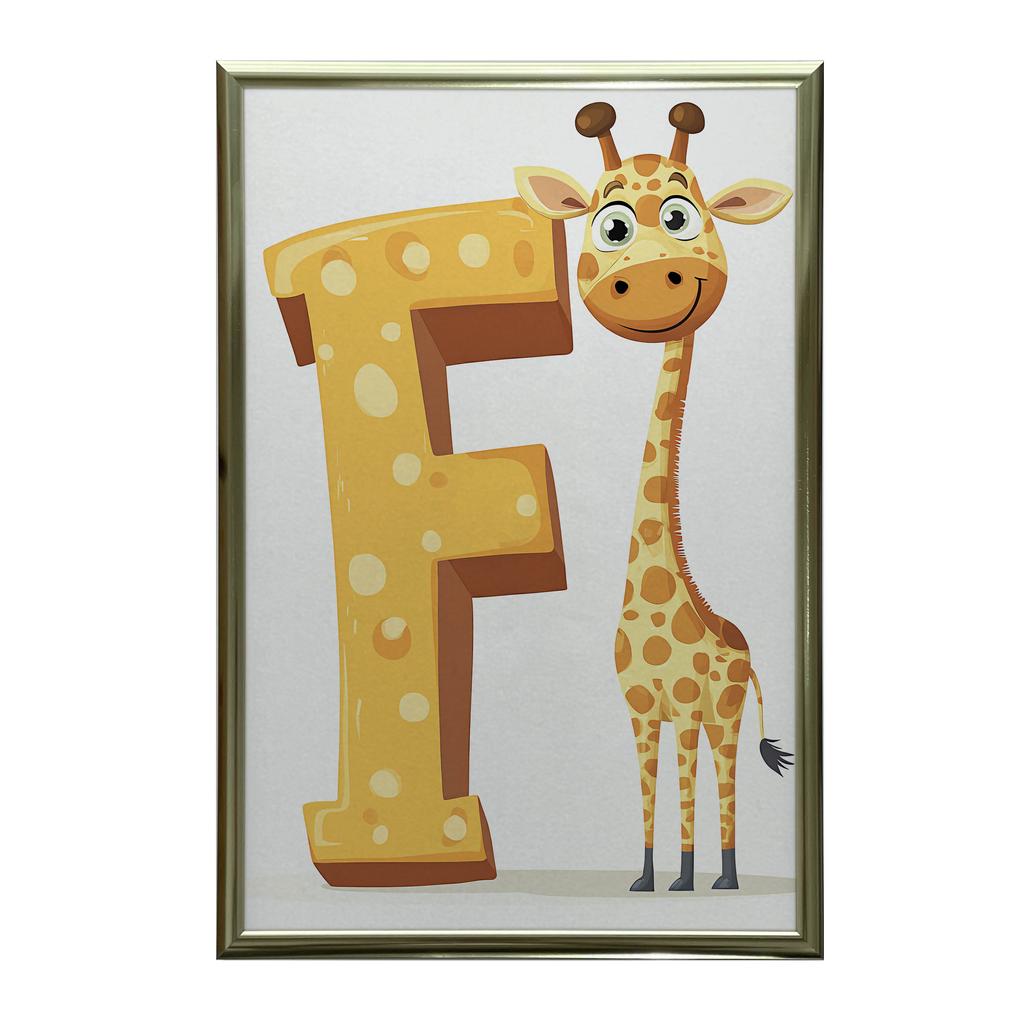 Плакат Жираф и Буква F Плакат Жираф и Буква F, 30x40 см, Рама Деревянная Светлый Дуб, Матовая Бумага 230 г/м²