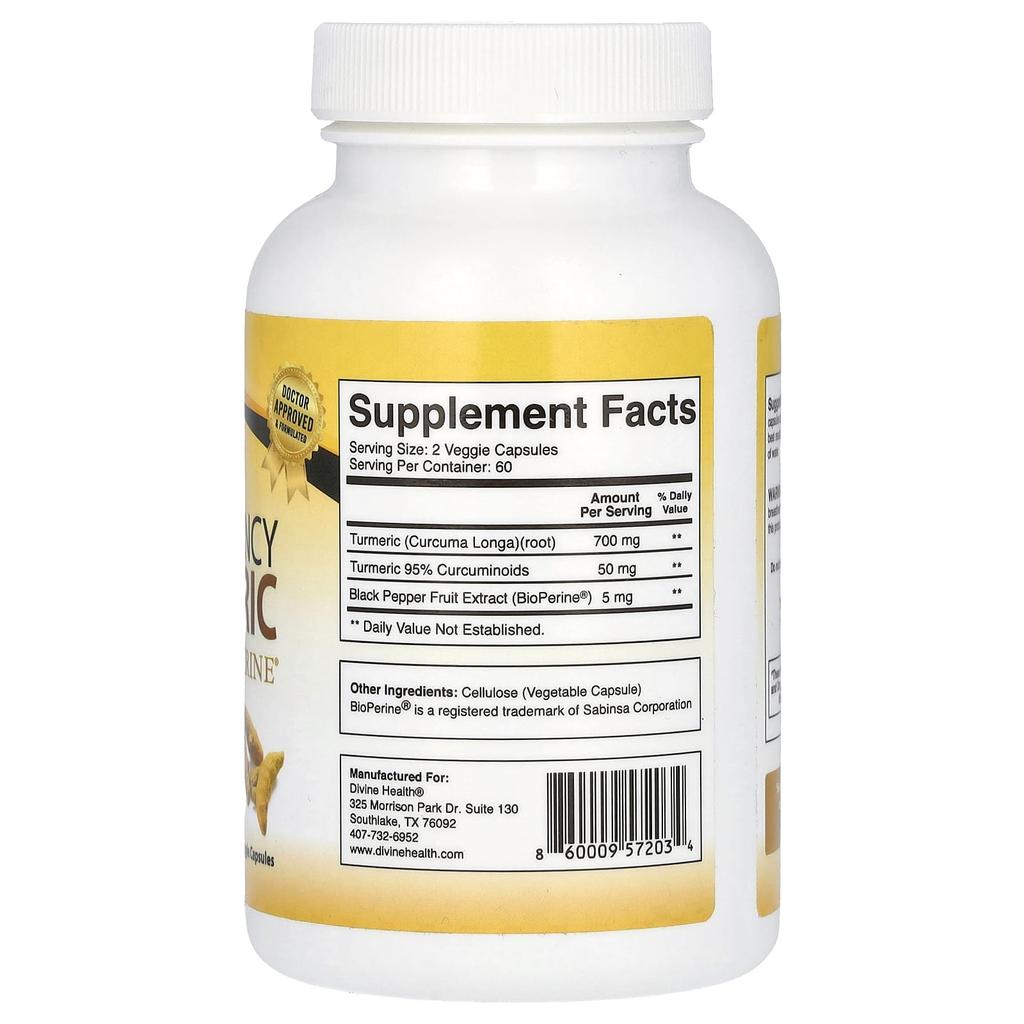 Divine Health Куркума с BioPerine, Высокая эффективность, 120 вегетарианских капсул