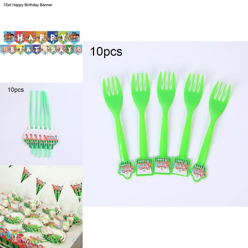 Красочные товары для вечеринки Cocomelon для празднования дня рождения детей с тарелками и баннерами