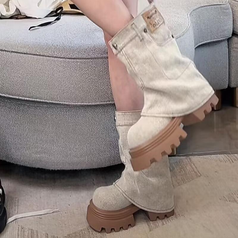 Women Platform Cowboy Mid-Calf Chelsea Boots Mid Heels Designer Shoes New 2024 Winter Fad Motorcycle Boots Goth Zapatos Femme