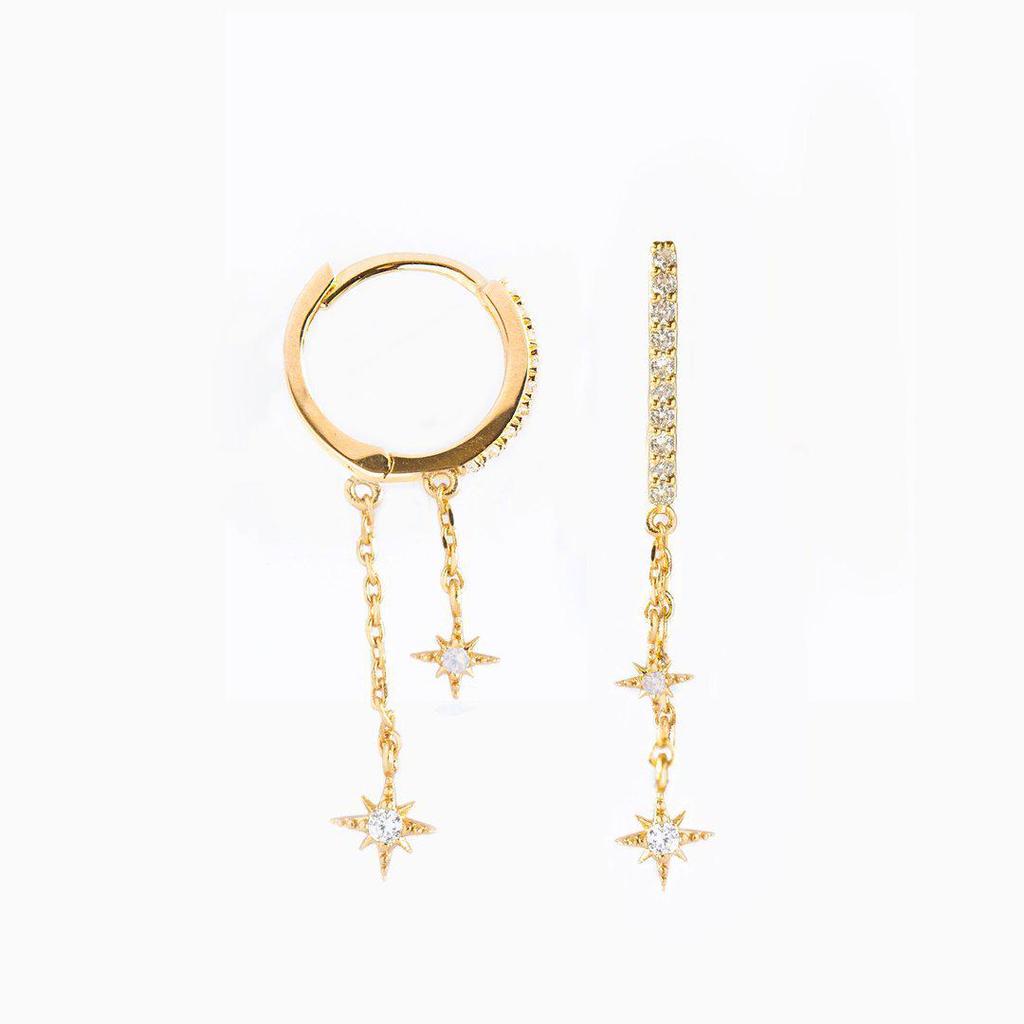 "Elegant Copper Zircon Star Chain Earrings, 18K Gold-Plated, Artistic Design"