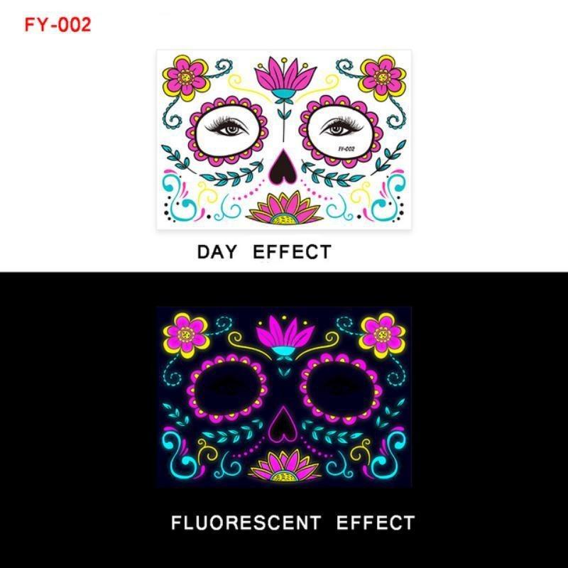 Новая флуоресцентная татуировка на лицо на Хэллоуин, День мертвых, забавная временная неоновая наклейка на лицо для фестиваля, маскарада, макияжа