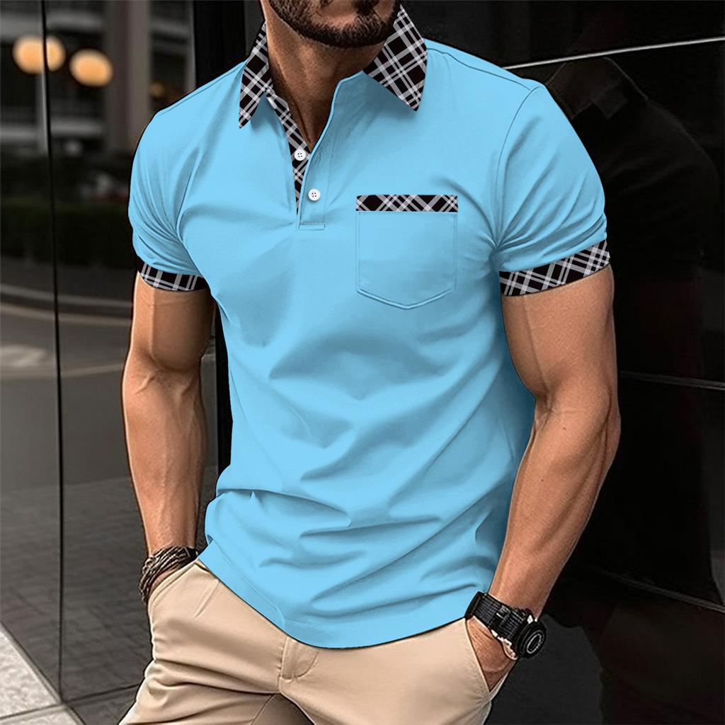 Men's Casual Polo Shirt with Chest Pocket Fashionable Color Matching Lapel Versatile T-shirt