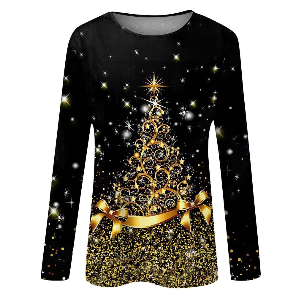Женская мода, повседневная блузка с длинным рукавом и рождественским принтом, пуловер с круглым вырезом