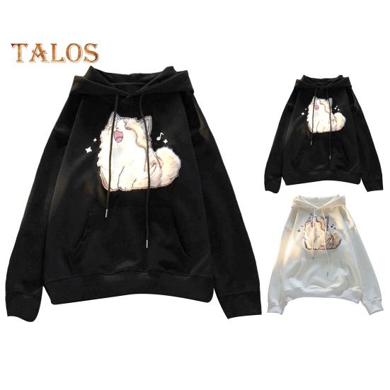 Осень-зима Женская толстовка с капюшоном на эластичных манжетах с завязками на резинке, плотная флисовая вышивка с изображением кота, большой размер, накладные карманы, свободный пуловер с длинными рукавами, теплый парный топ