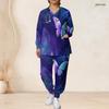 Women Plus Size Scrub Set V Neck Long Sleeve Butterfly Galaxy Printed Purple Blue Medical Uniform With Pockets