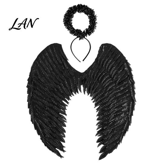 Dark Guardian Angel Wings Costume for Kids, Feathered Wing Dress Up Elastic Strap Cosplay Accessory Fancy Dress, Halloween Party, Performance