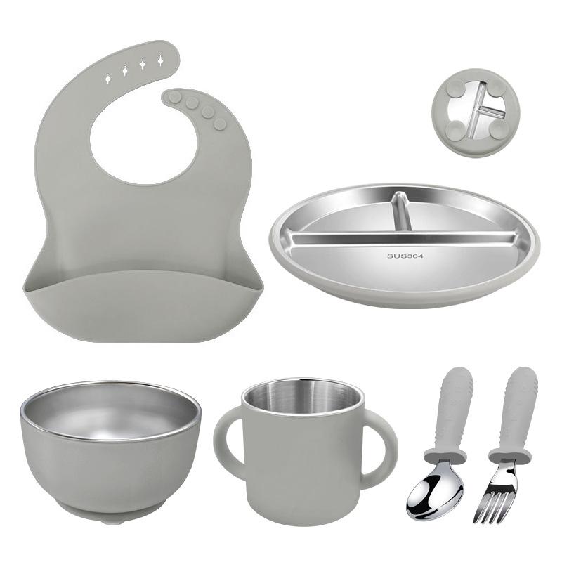 Kids Stainless Steel Silicone Cutlery Set 6 Pieces Including Plate Bowl Spoon Fork Cup and Bib