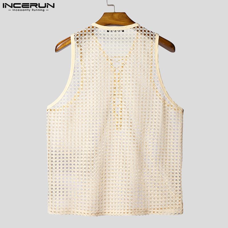INCERUN Men Sleeveless Lace-up Bandage Hollow Out Casual Tank Tops