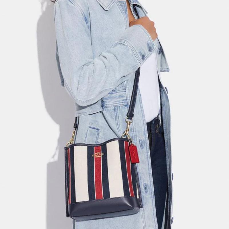 Coach Mollie Striped Smooth Leather And Canvas Bucket Bag Women bags Blue White Red CA178-IMCAH
