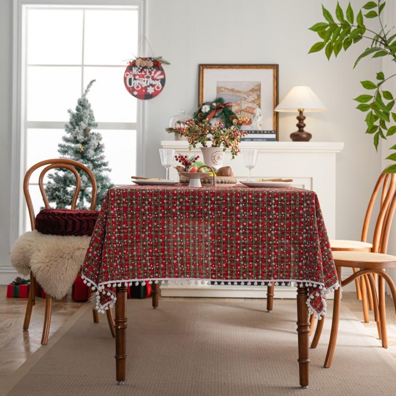 American Cotton Linen Christmas Tablecloth Holiday Plaid Dining Table Cover Snowflake Pattern
