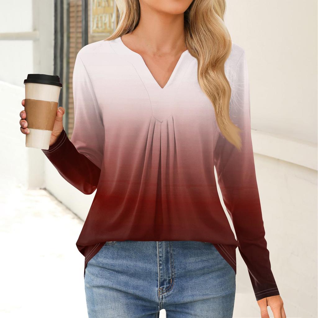 Women's Fashion Casual Long Sleeve Shirt Gradient Printed V Neck Up Tops