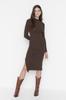 Women's Dress New Season Fashion Brown Fitted Slit Crew Neck Mini Ribbed Flexible Knitted Dress