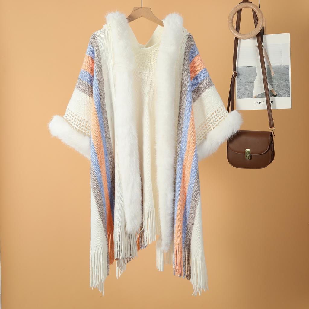 New Ethnic Style Fur Collar Hooded Knit Sweater Shawl Women's Spring and Autumn Knitted Cape Cape with Sleeves