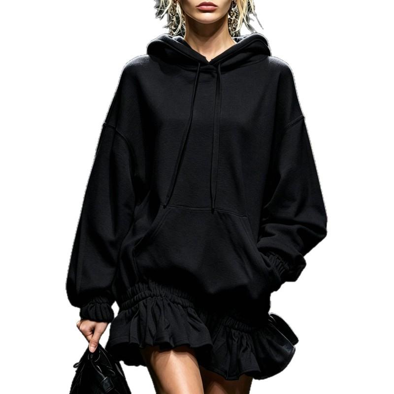 Womens Oversized Hooded Sweatshirt Dress With Ruffle Hem Drawstring Waist Loose Fit Short Skirt