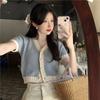 Blue Short Sleeved Knitted Sweater Women's Summer Thin Cardigan Design Sense Short Ice Silk Top Trendy